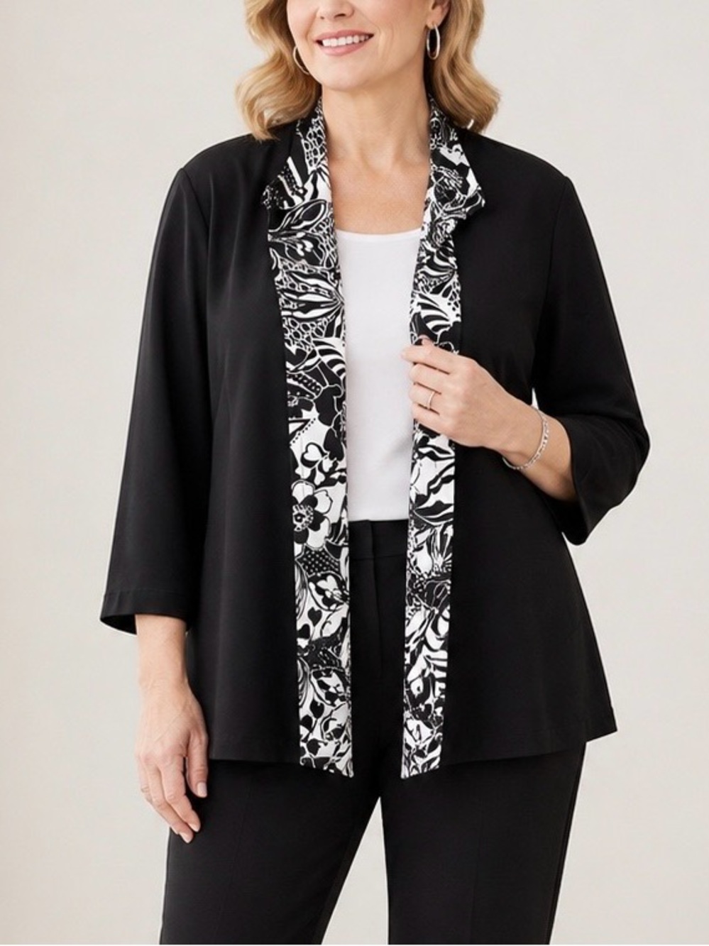 Susan Graver Black Open Front Jacket Floral Trim Lightweight 1X Office Workwear
